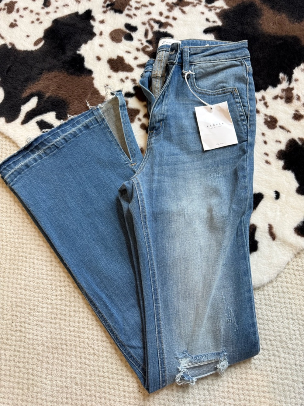 KanCan Women's Mid Wash Distressed Flare Jeans- Blue